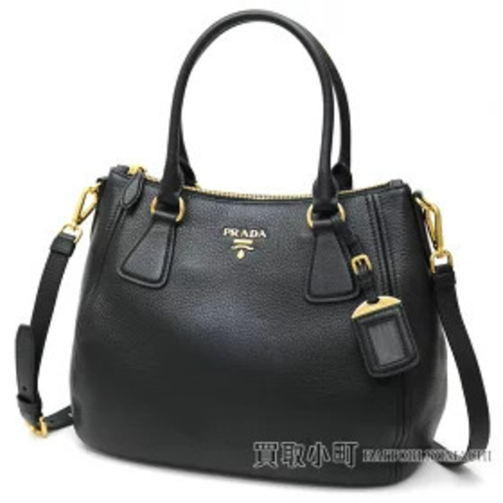 Prada Tote Bag Calfskin Metal Black Leather Handbag VITELLO PHENIX Nero Black